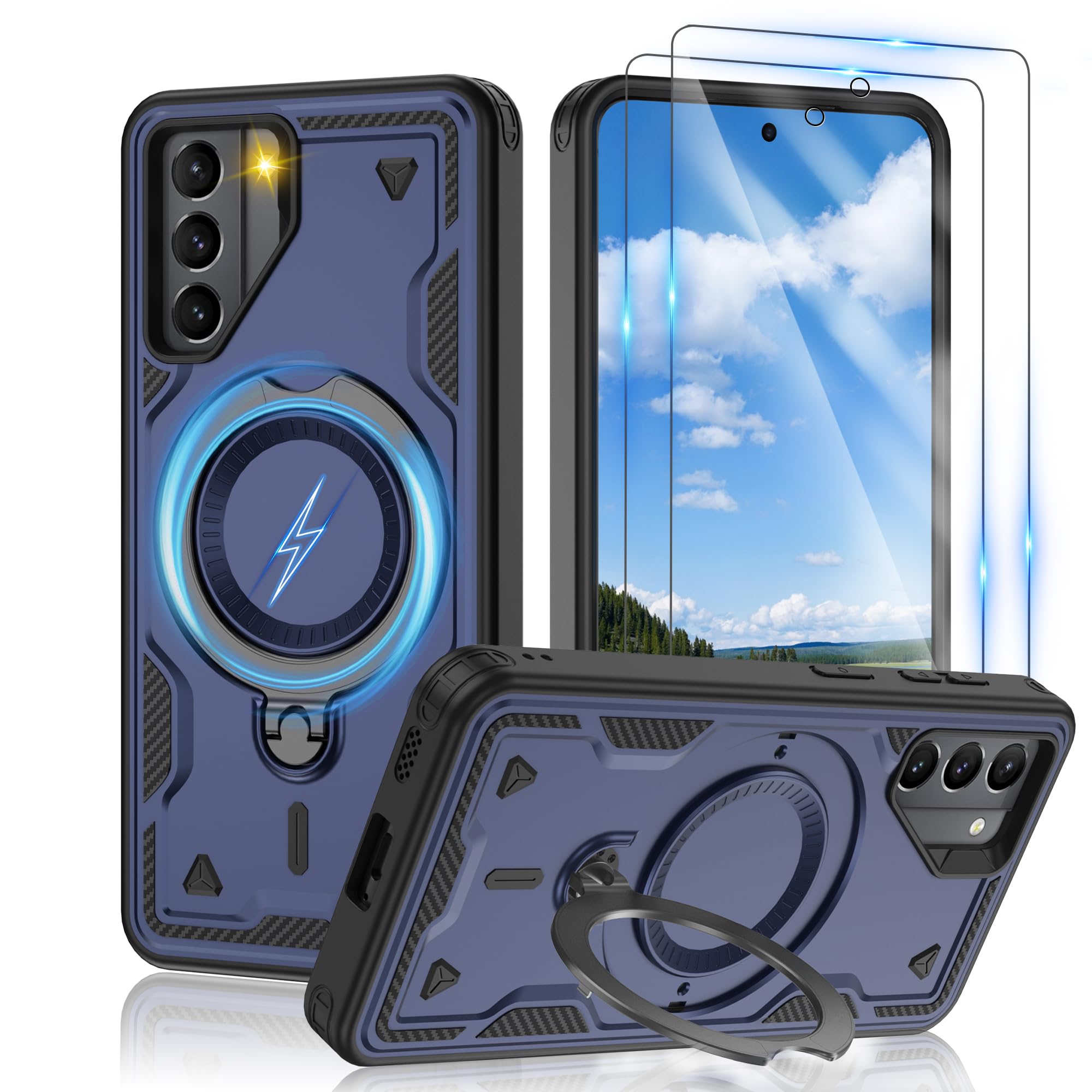 Gritup for Samsung Galaxy-S21 Case:Compatible with MagSafe & [HD Screen Protector×2],Metal Rotated Kickstand,Military Grade Drop Proof Anti-Fingerprint Protective Case for Samsung S21,Blue