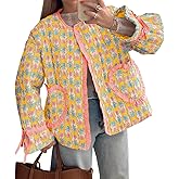 Tankaneo Womens Cropped Puffer Jacket Floral Print Open Front Quilted Jacket Bow Tie Heart Coat Lightweight Outerwear