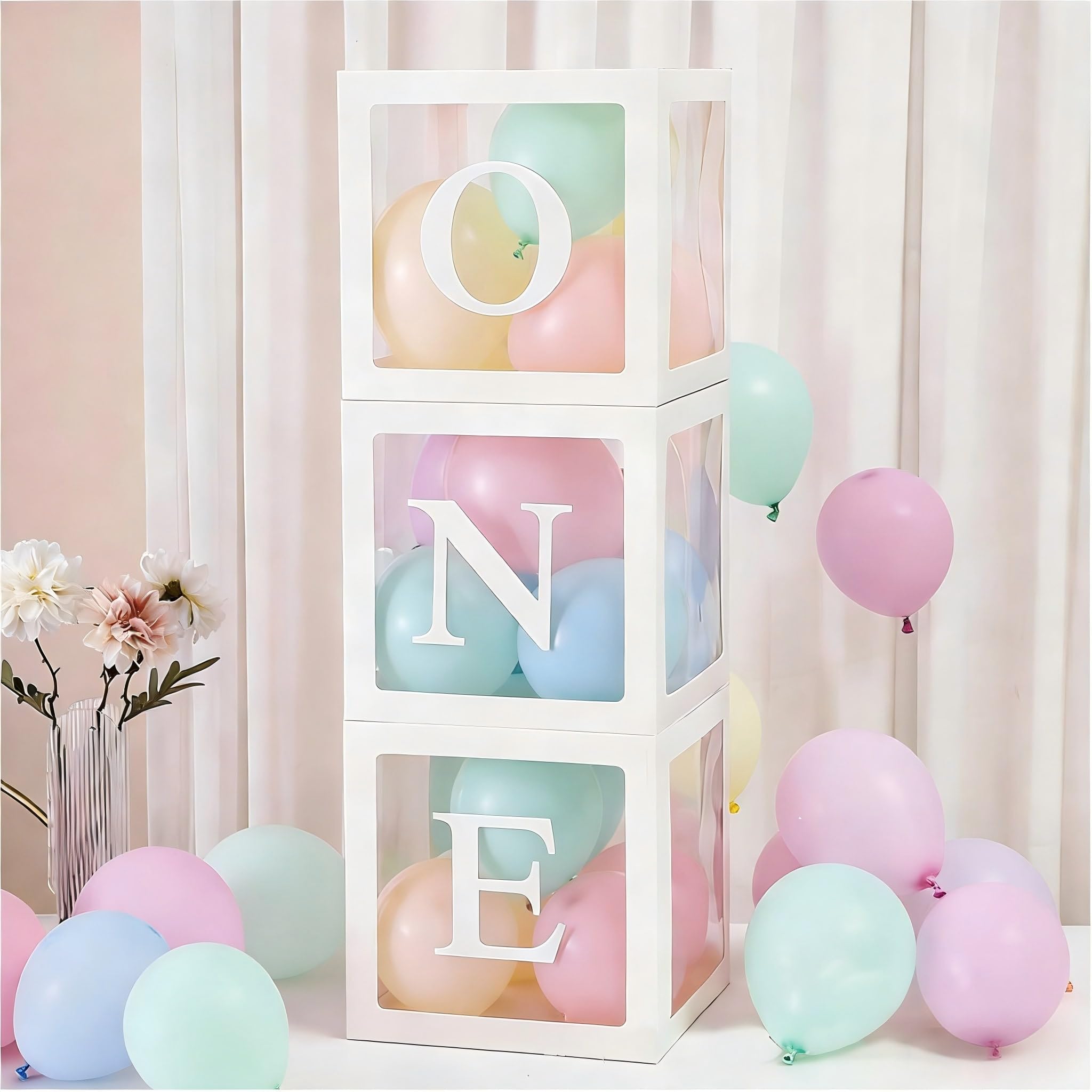 ONE Boxes for 1st Birthday Decorations, 3 Pcs White One Balloon Boxes with Letters for First Birthday Party Decorations Girls Boys, Balloon Blocks for 1st Year Old Birth Party Supplies Baby Shower