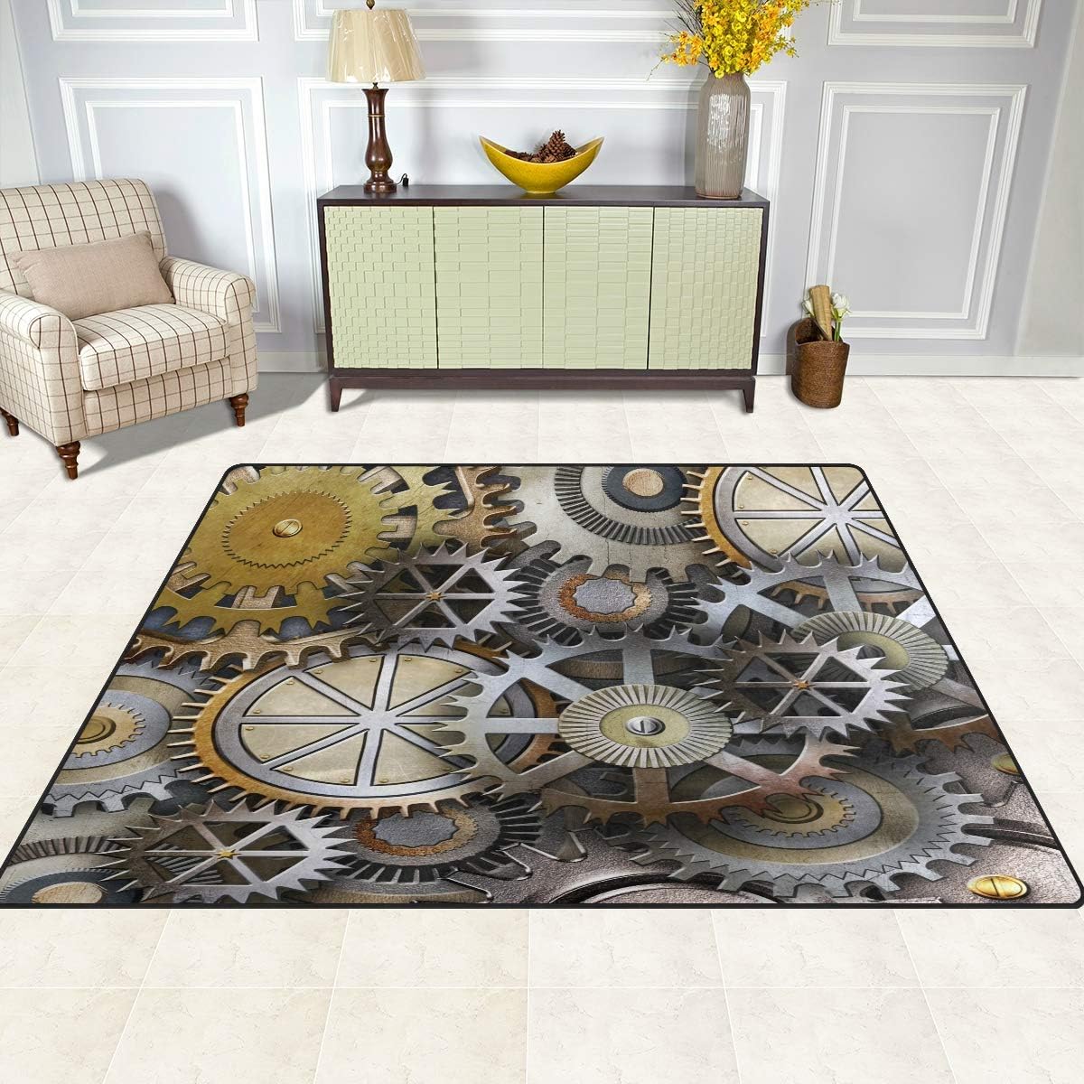 BKEOY Extra Large Area Rug Metallic Gears Print Area Rugs Bedroom