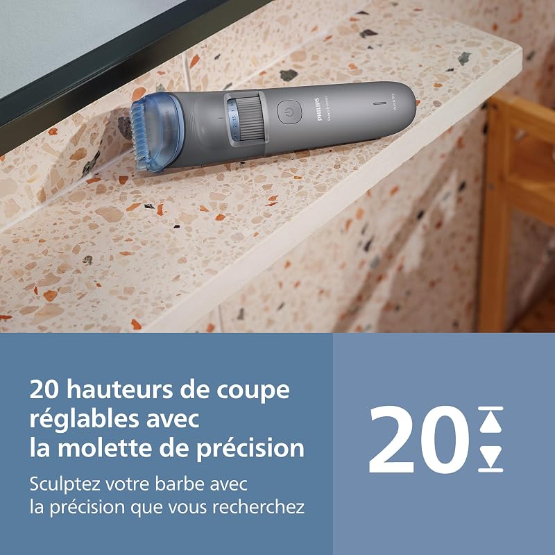 Tondeuse à barbe série 3000 – Lames angles arrondis, 20 hauteurs de coupe réglables, Sabot Lift & Trim, 100% étanche, Indicateur d’autonomie, Pochette souple, Recharge USB, Modèle BT3619/15