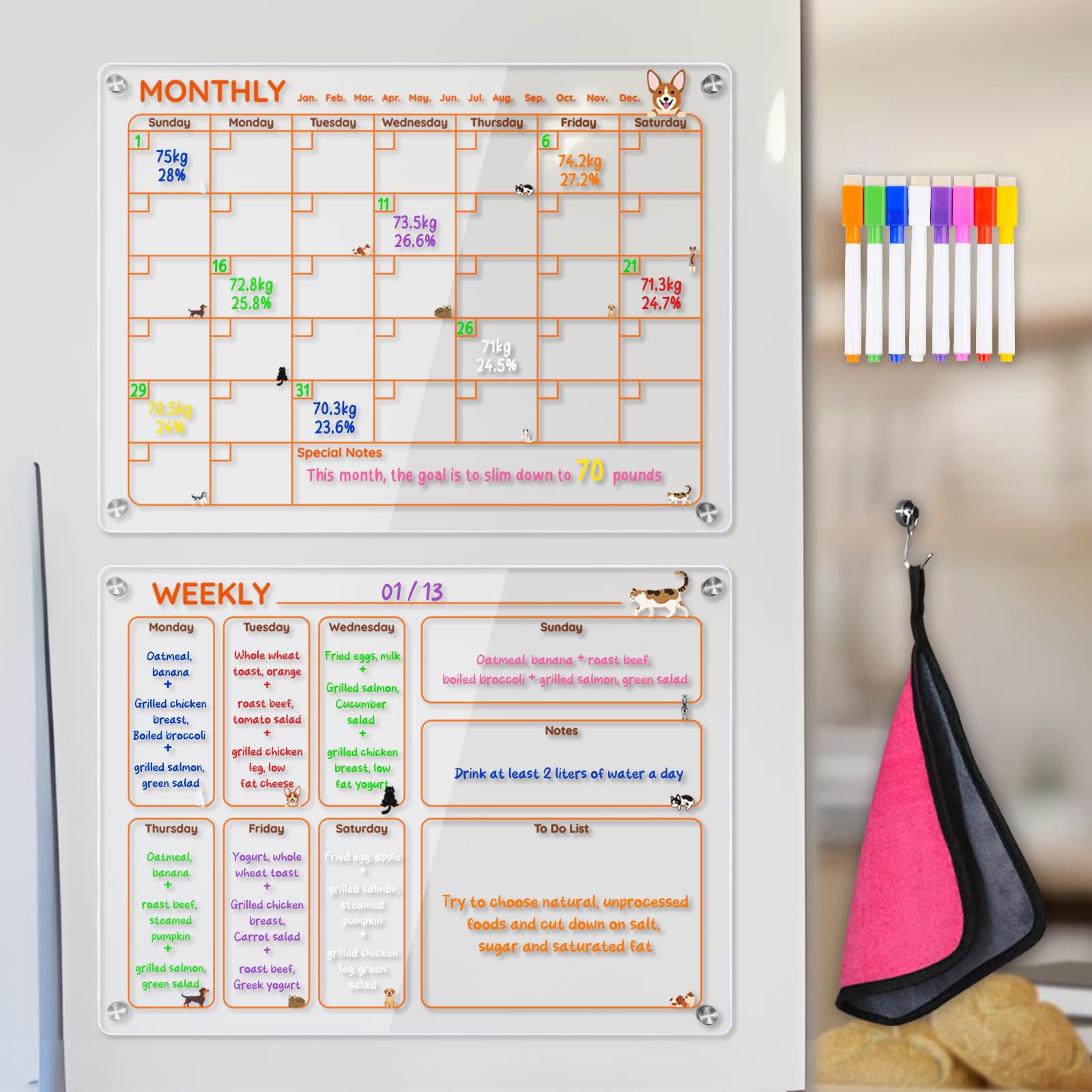 Photo 1 of ***Damaged/chipped corners***CORNERS ARE CHIPPED ----- Magnetic Acrylic Clear Fridge Calendar Planner Note Board Set for Fridge,8Colors Markers,Erase Towel (Clear, Monthly & Weekly)***Damaged/chipped corners***