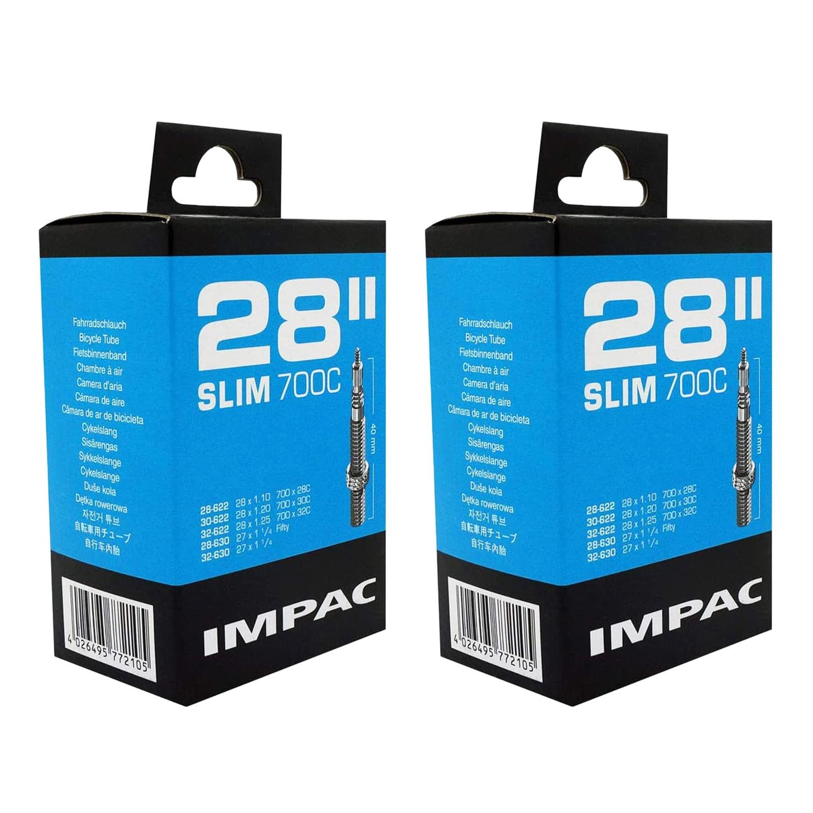 Impac 2pk Cycle Tubes 28" SLIM Presta Valve - 28x1.10, 28x1.20, 28x1.25, 27x1 1/4, 700x28c, 700x30c, 700x32c, 28-622, 30-622, 32-622, 28-630, 32-630, 700c