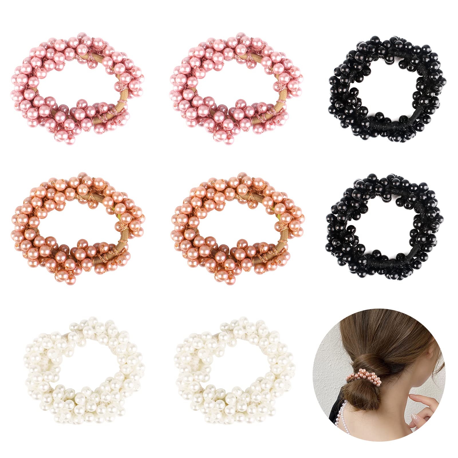 Baiyuanli Pearl Hair Scrunchies, 8pcs Multicolor Faux Pearl Beads Hair Ties for Women Girl