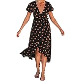 ZESICA Women's Bohemian Floral Printed Wrap V Neck Short Sleeve Split ...