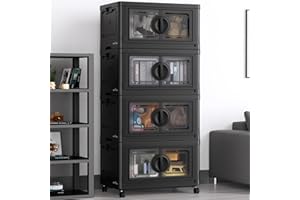 BROVIEW V9 112Gal Storage Bins with Lids, Stackable Collapsible Storage Bins with Wheels, Closet Organizers and Storage, Folding Plastic Cabinet with Doors for Home Office Garage, 4Pack Black
