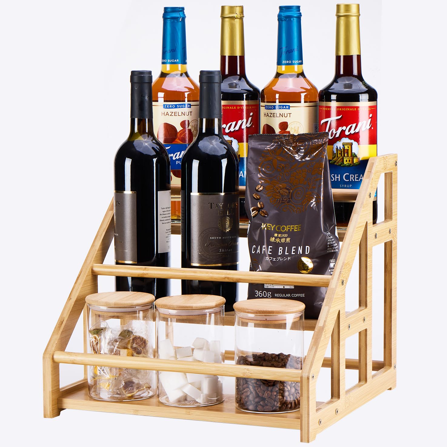 Photo 1 of ESYTEOOT Bamboo 3-Tier Coffee Syrup Rack Organizer - 12 Bottle Holder, Coffee Bar, Wine Rack & Countertop Storage for Kitchen, Natural