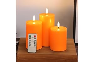 Eywamage Orange Halloween Flameless Pillar Candles with Remote, Real Wax Flickering Fall LED Candles Battery Operated Set of 3