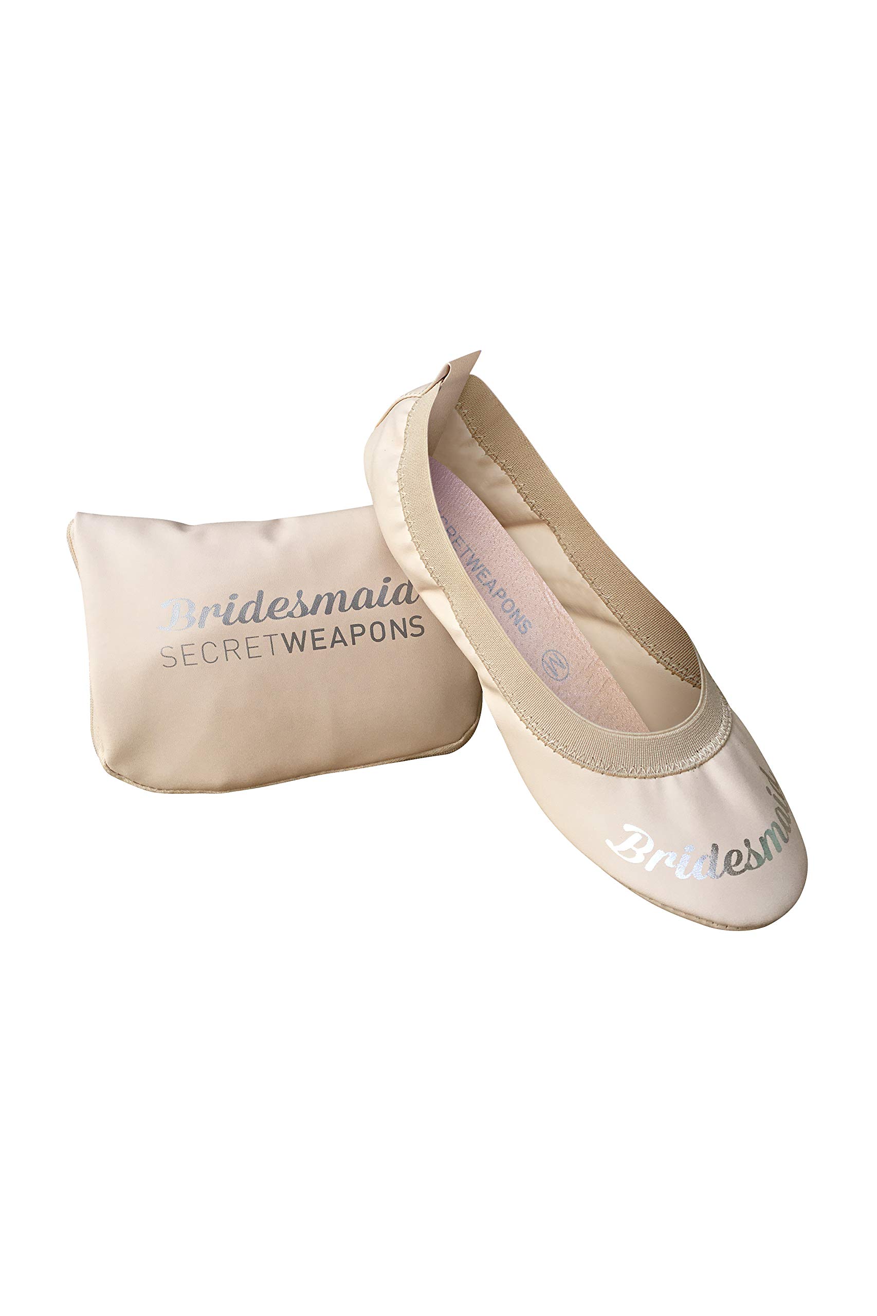 White Bride & Bridesmaid Fold Up Ballet Flats-Foldable Bridal Wedding Party Shoes with Bride & Bridesmaid Print-Cute Purse unfolds into a Tote Carry Bag