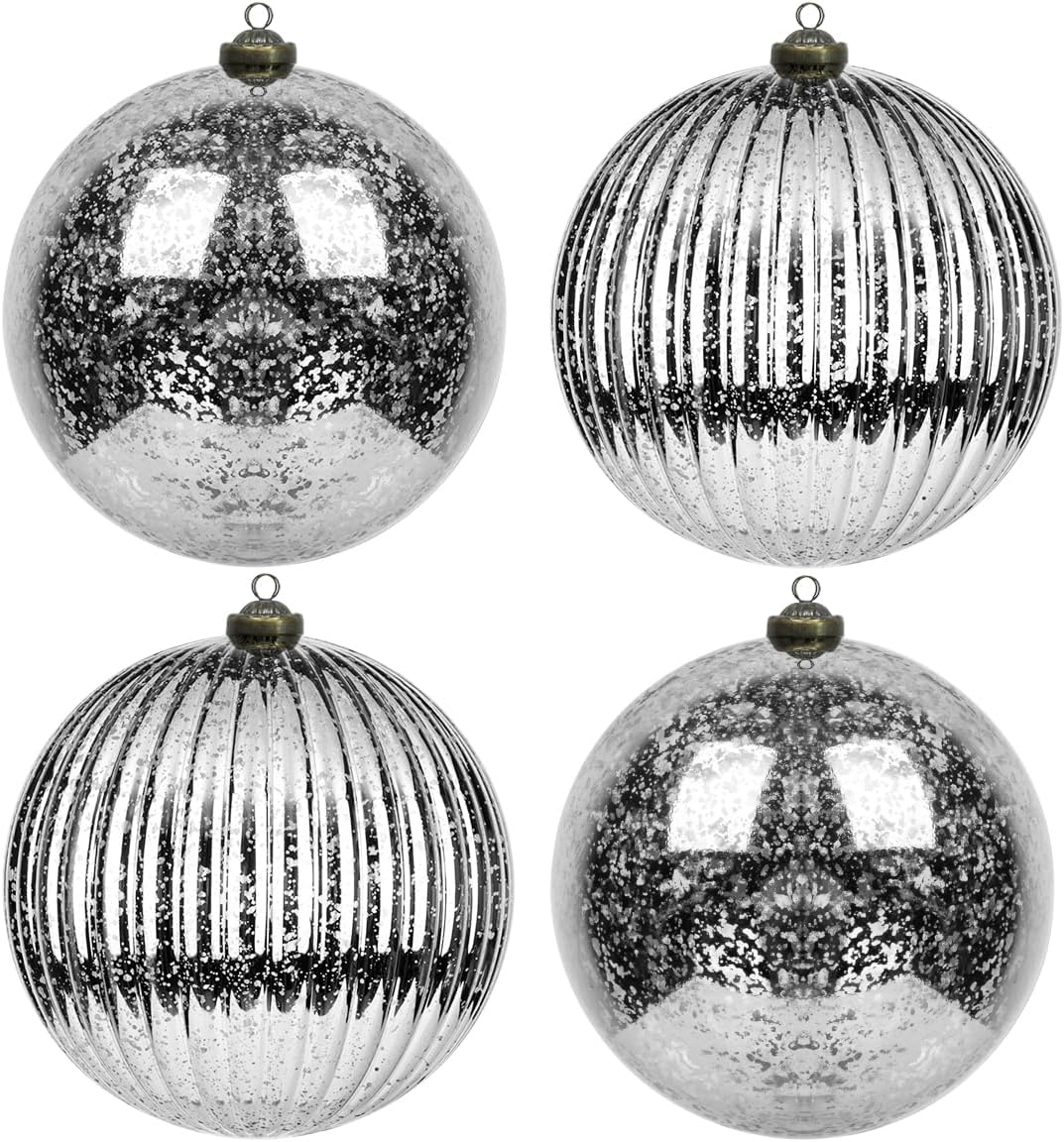 Ornaments - KI Store Mercury Christmas Ball Ornaments Silver Set of 4 Extra Large Hanging Tree Ball Ornament Decorations Super Large Shatterproof Vintage Balls 6-Inch