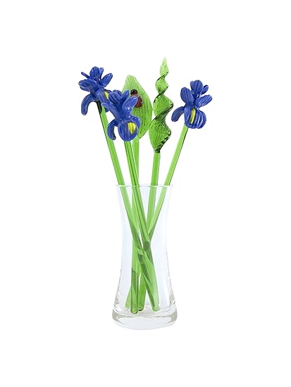 New Hand Blown Glass Iris Flowers Leaves Set With Glass Vase And