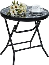 PHI VILLA Folding Side Table, Round Patio Table, Black Grid Design