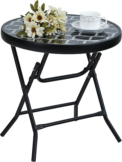 PHI VILLA Folding Side Table, Round Patio Table, Black Grid Design