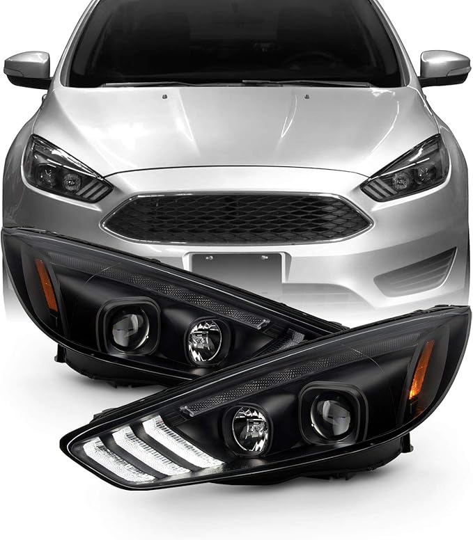 Fits 1518 Ford Focus S SE ST Titanium [Halogen Type] LED DRL Black Projector