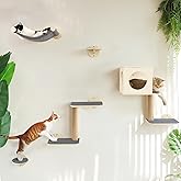 FUKUMARU Cat Wall Shelves, 5-Piece Wall-Mounted Furniture Set, Stable Wooden Kitty Climber with Hammock, House, Steps, Scratc