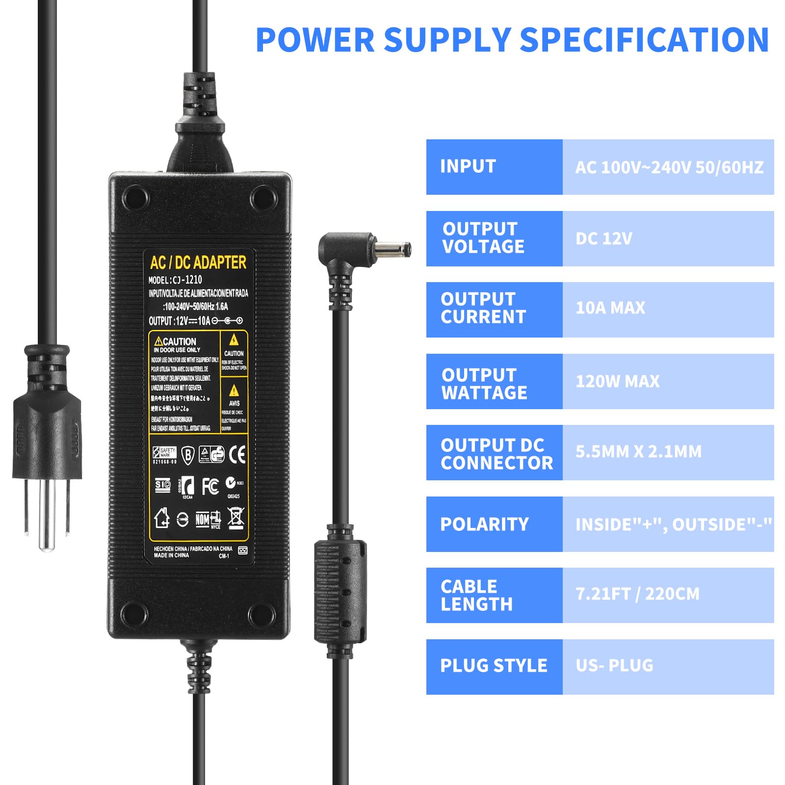 12V 10A Power Supply 120W 100V~240V AC to DC Adapter Converter Transformer,12 Volt 10 Amp Power Supply Adapter with 5.5mm x 2.5mm&2.1mm DC Output Jack for 12V Printe LED Strip Light CCTV Camera