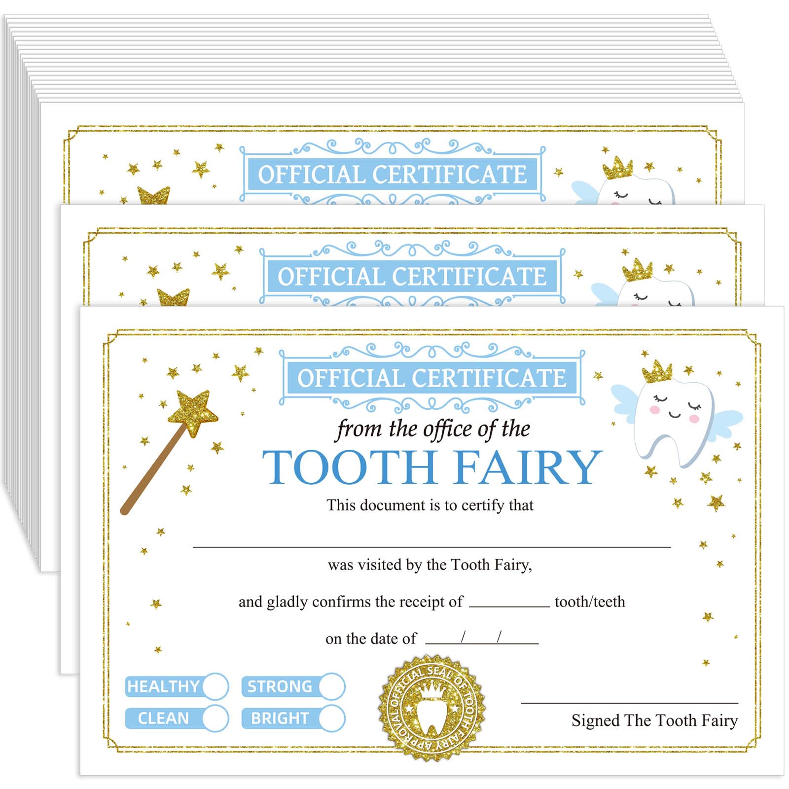 Photo 1 of Tenare 48 Pcs 4 x 6 Inches Tooth Fairy Paper Certificate Cute Tooth Fairy Gifts with Gold Foil Design Adorable Reward Certificate Keepsake for Childhood First Teeth Loss Celebration