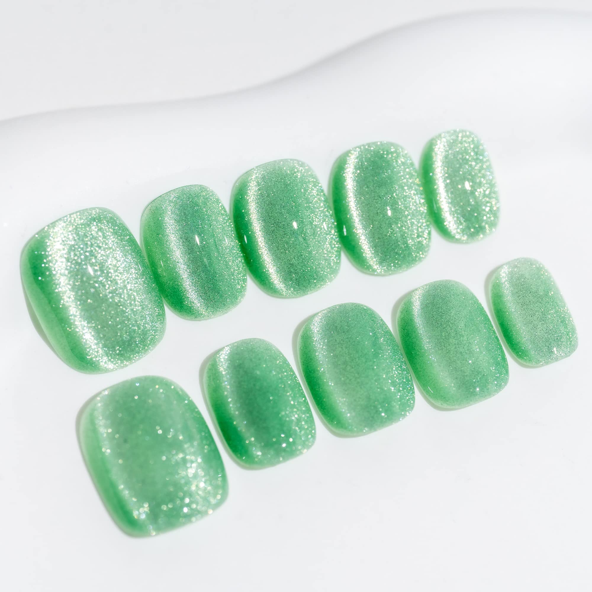 Sun&Beam Nails Handmade Press On Short Round with Mint Green Cat Eye Design Charm Cute False Nail Tips 10 Pcs (#97 XS) — image 1