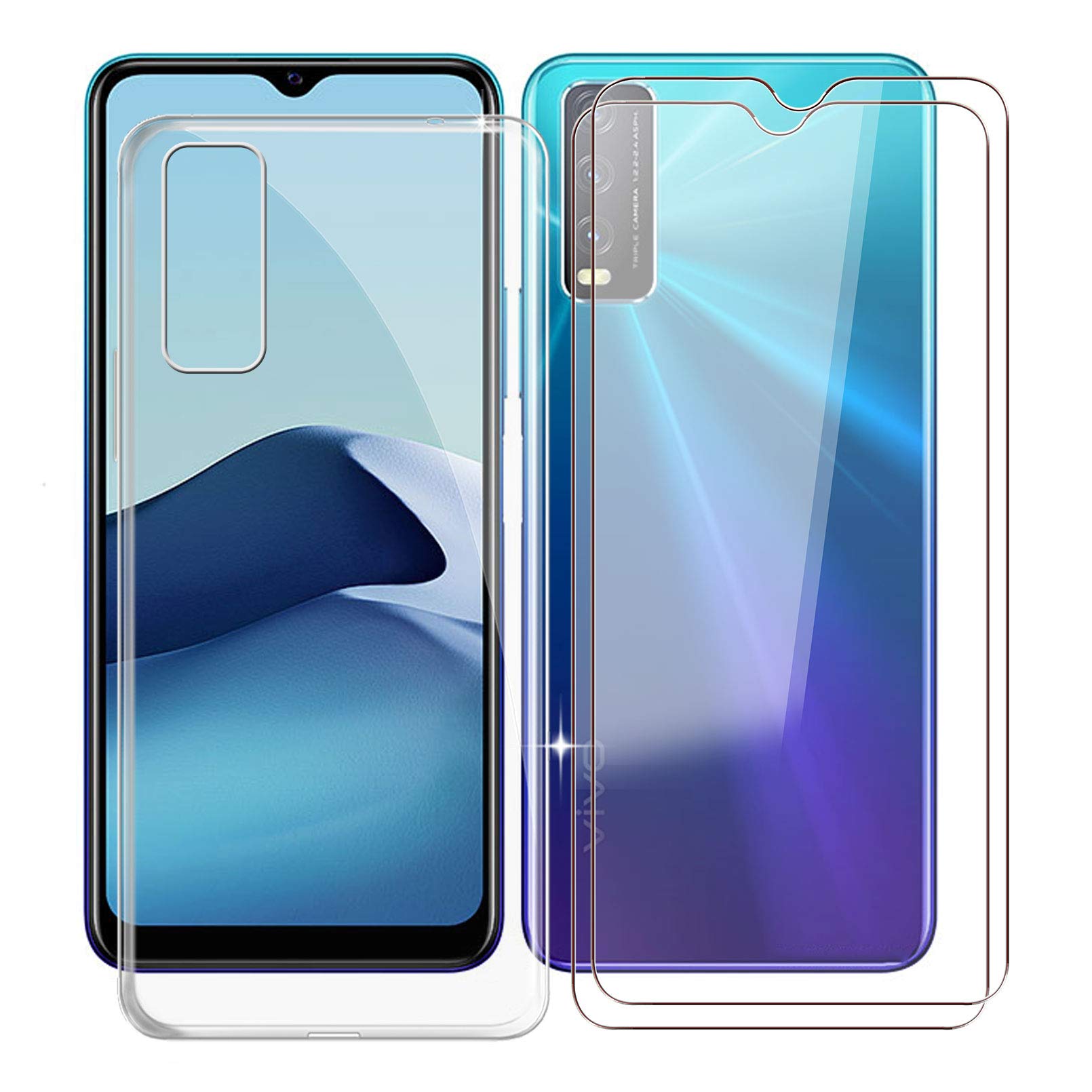 KJYF Protective Case Transparent Bumper TPU Cover + 2 Pieces Tempered Glass Screen Protector for Vivo Y20s (6.51 Inches), Film Tempered Glass Film + Silicone Shell Case Mobile Phone Case – Transparent
