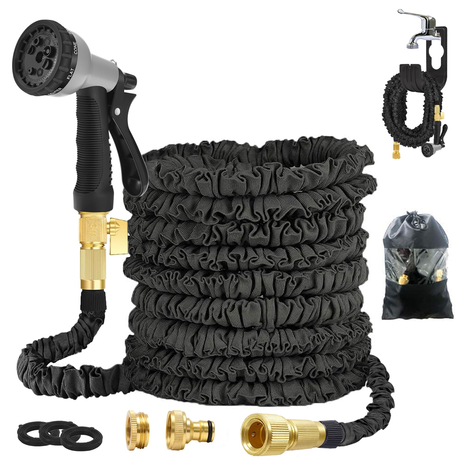 50FT Expandable Hose - Flexible Garden Hose with 3 Layer Latex Cores, 8 Function Spray Nozzle, 3/4" Solid Brass Connectors, Portable for Gardening, Lawn, Car & Pet Washing