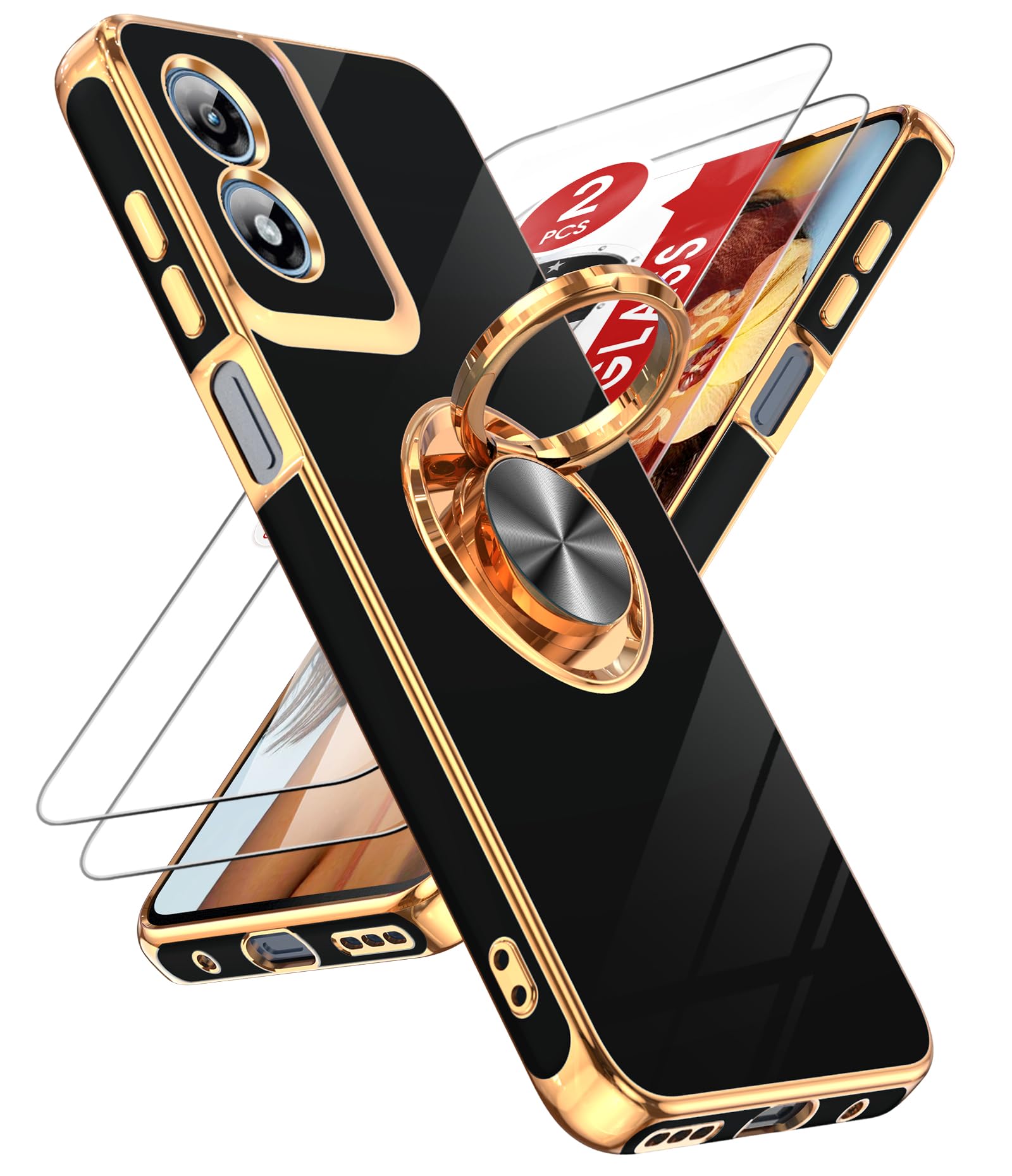 Photo 1 of LeYi for Moto-G Play-2024-Case: (??? ??? ? ?? ????) 360° Magnetic Ring Stand, Rose Gold Edge, Shockproof TPU, 2X Tempered Glass, Black