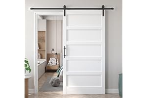 Fredbeck 42x84 inch White Barn Door with 7FT Sliding Door Hardware Kit Included & Handle,MDF,Solid PVC Surface,DIY Assembly,5-Panel,Fit 38in-41in Opening