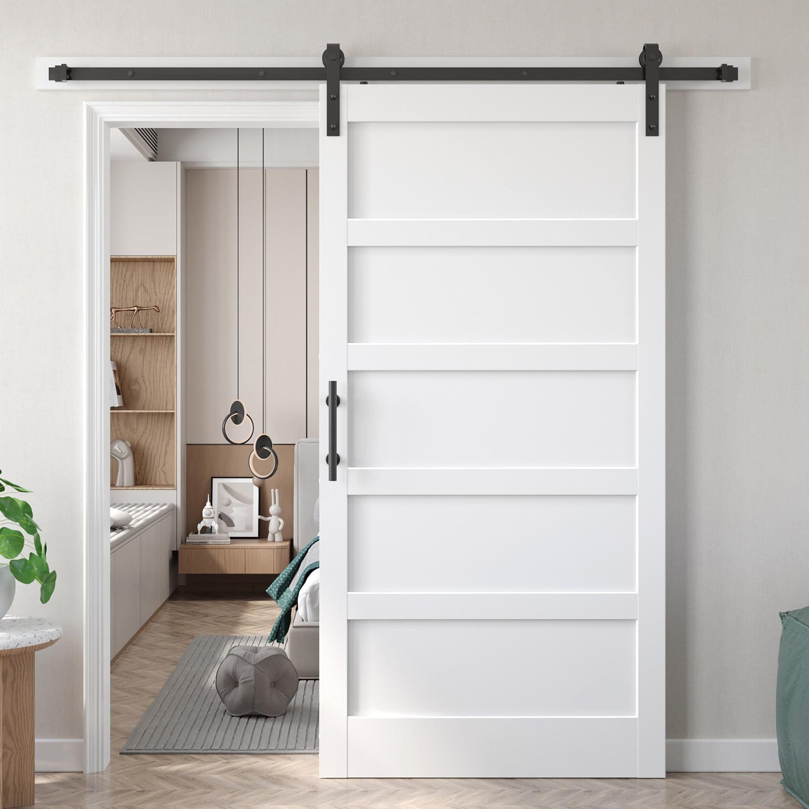 Photo 1 of Fredbeck 42x84 inch White Barn Door with 7FT Sliding Door Hardware Kit Included & Handle,MDF,Solid PVC Surface,DIY Assembly,5-Panel,Fit 38in-41in Opening