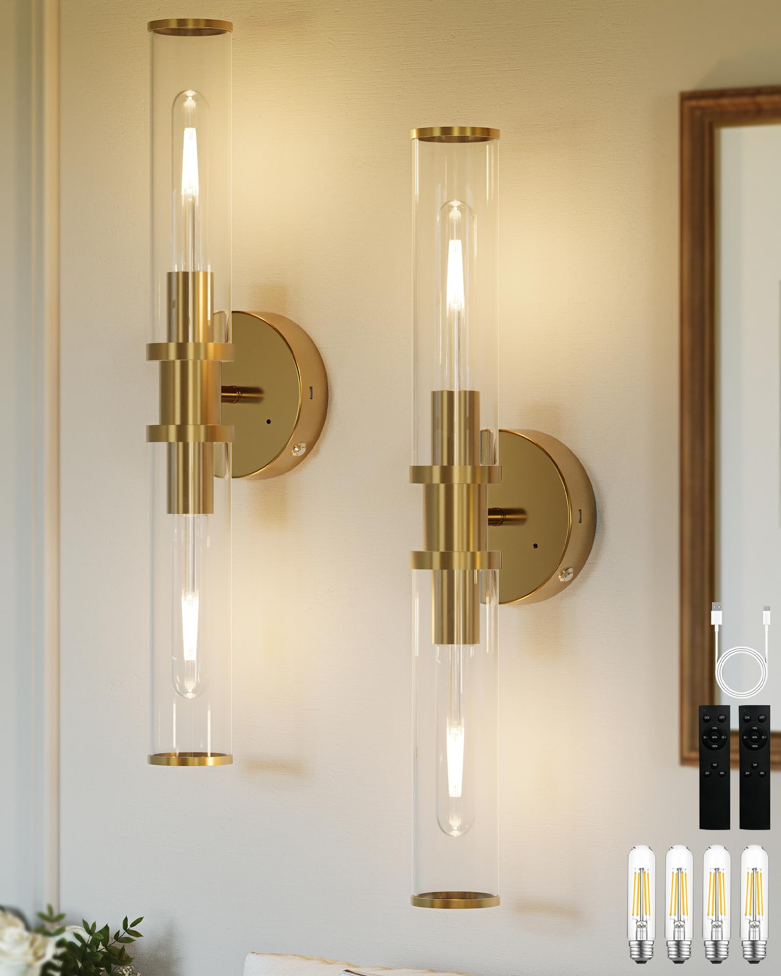 Photo 1 of Rayogale 8000mAh Wireless Wall Sconces with Remote Control, Battery Operated Wall Sconce Set of 2 with Timer, Gold Rechargeable Dimmable Wall Lights for Living Room Bedroom Hallway Entryway 3000K