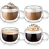 glastal Espresso Cup Set of 4, 4 Oz (full capacity) Double Wall Glasses Espresso Coffee Glass Cups, Small Coffee Glasses Tea Cups with Handle for Iced Americano, Macchiato, Birthday for Mum Dad