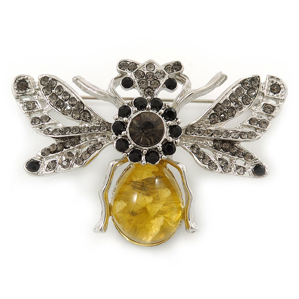 Avalaya Art Deco Bumble-Bee Dim Grey Crytal Brooch in Silver Tone - 55mm Across