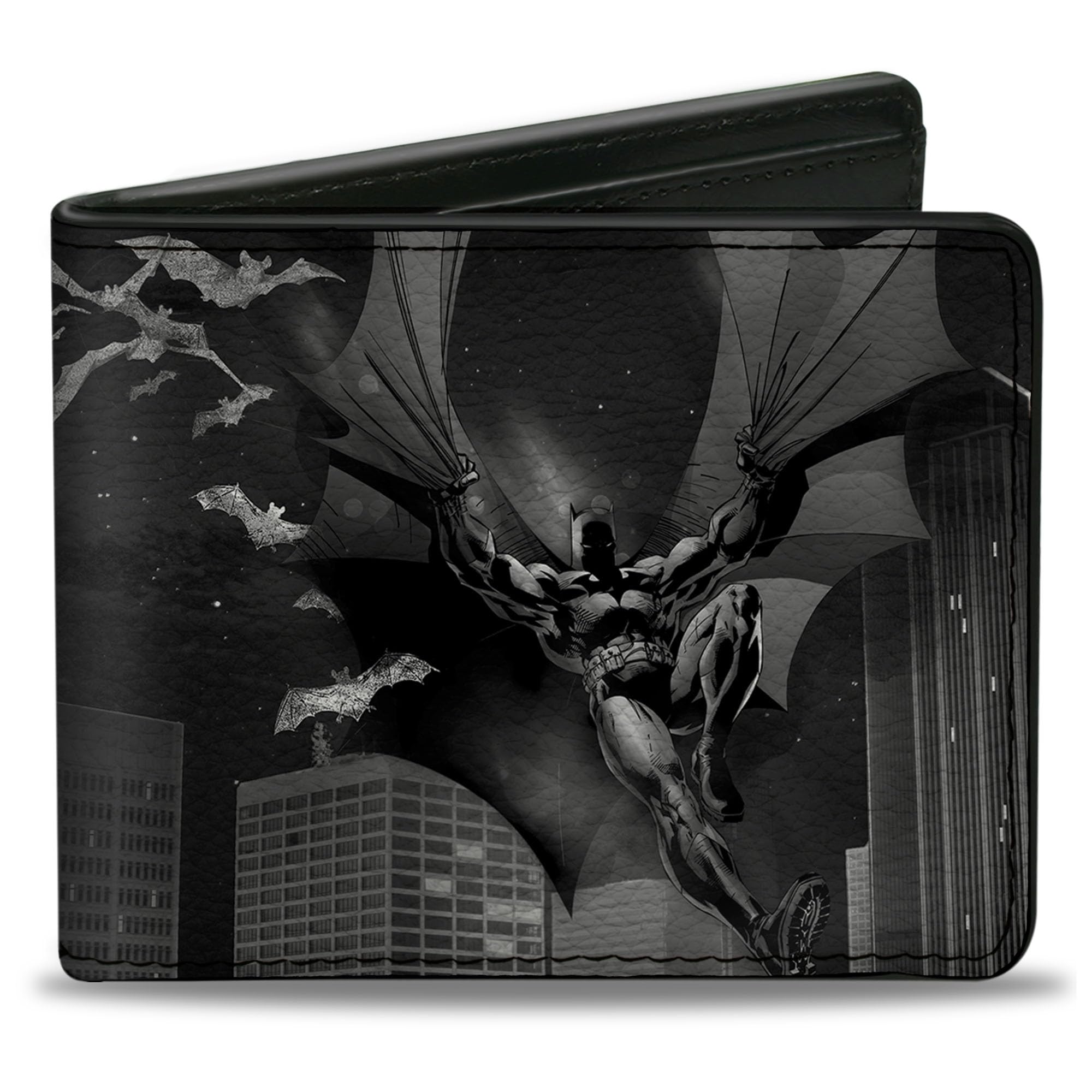 Buckle-Down - Bi-Fold Wallet - Buckle-down Pu Bifold Wallet - Batman Beauty of Flight Action Pose/Bats/Skyline Black/Grays unisex-adults