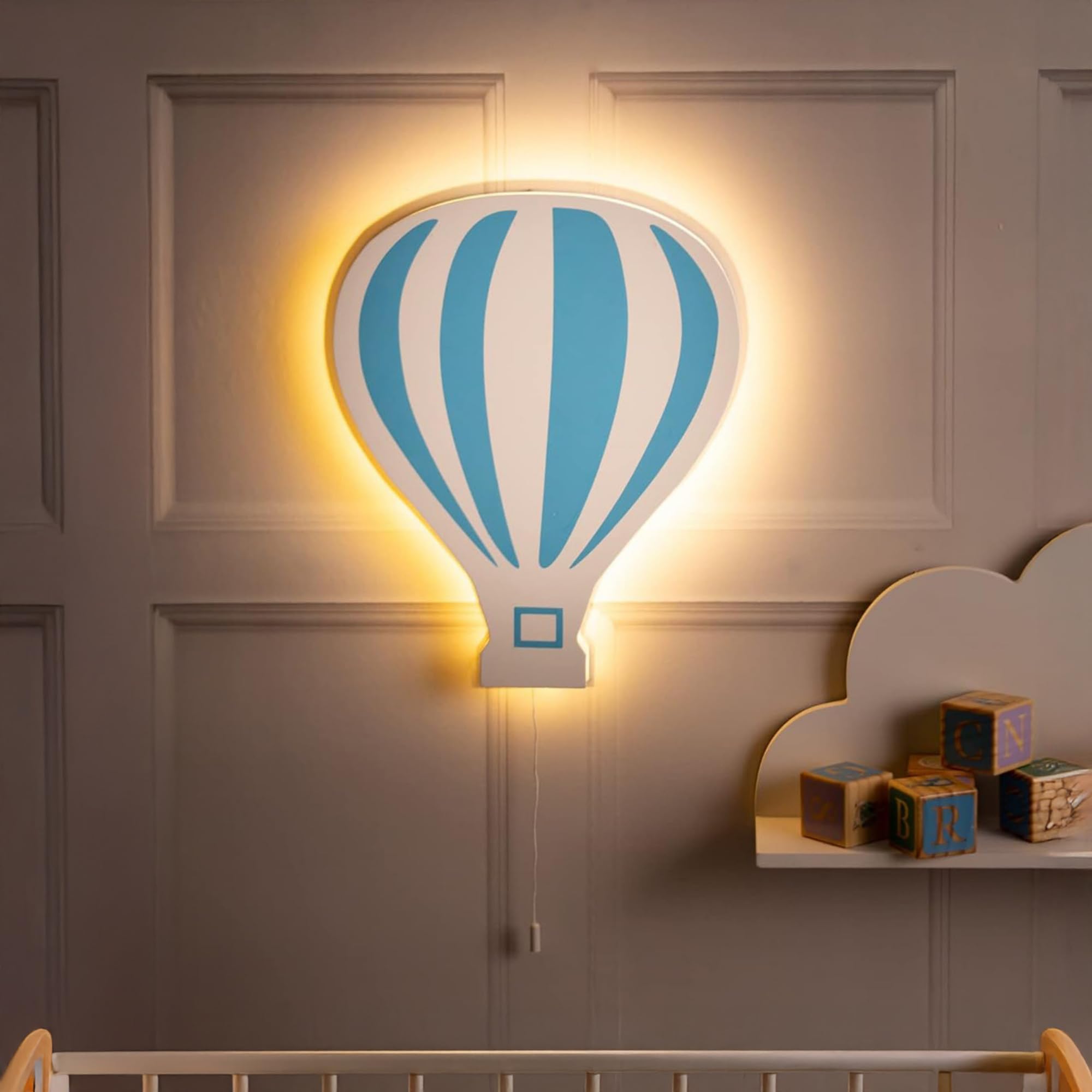 Marco Paul Blue & White Hot Air Balloon Wooden Night Light Wall Mounted Nursery Lighting Baby Kids Childs Room Wall Lamp Bedroom Décor Bedside Lamp