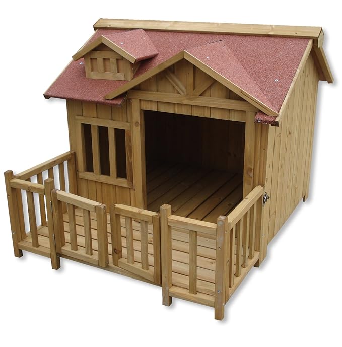 Wiltec Luxury XL Dog Kennel Dog House Wood Balcony Garden Veranda Dog
