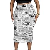 WDIRARA Women's Plus Size Newspaper Print Drawstring Side Bodycon Skirt Letter Graphic Midi Skirts with Pockets