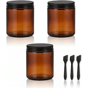 OverNews 3Pack Metal Lids-8oz Amber Glass Jars with Spatula, Labels, Empty Candle Jars for Cosmetic, Containers, Creams,Lotio