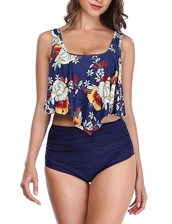 SelfieGo Damen Retro Stil Badeanzug Rüschen Hals Hängen Bikini Set Zweiteilige Bademode mit Hoher Taille Strandkleidung
