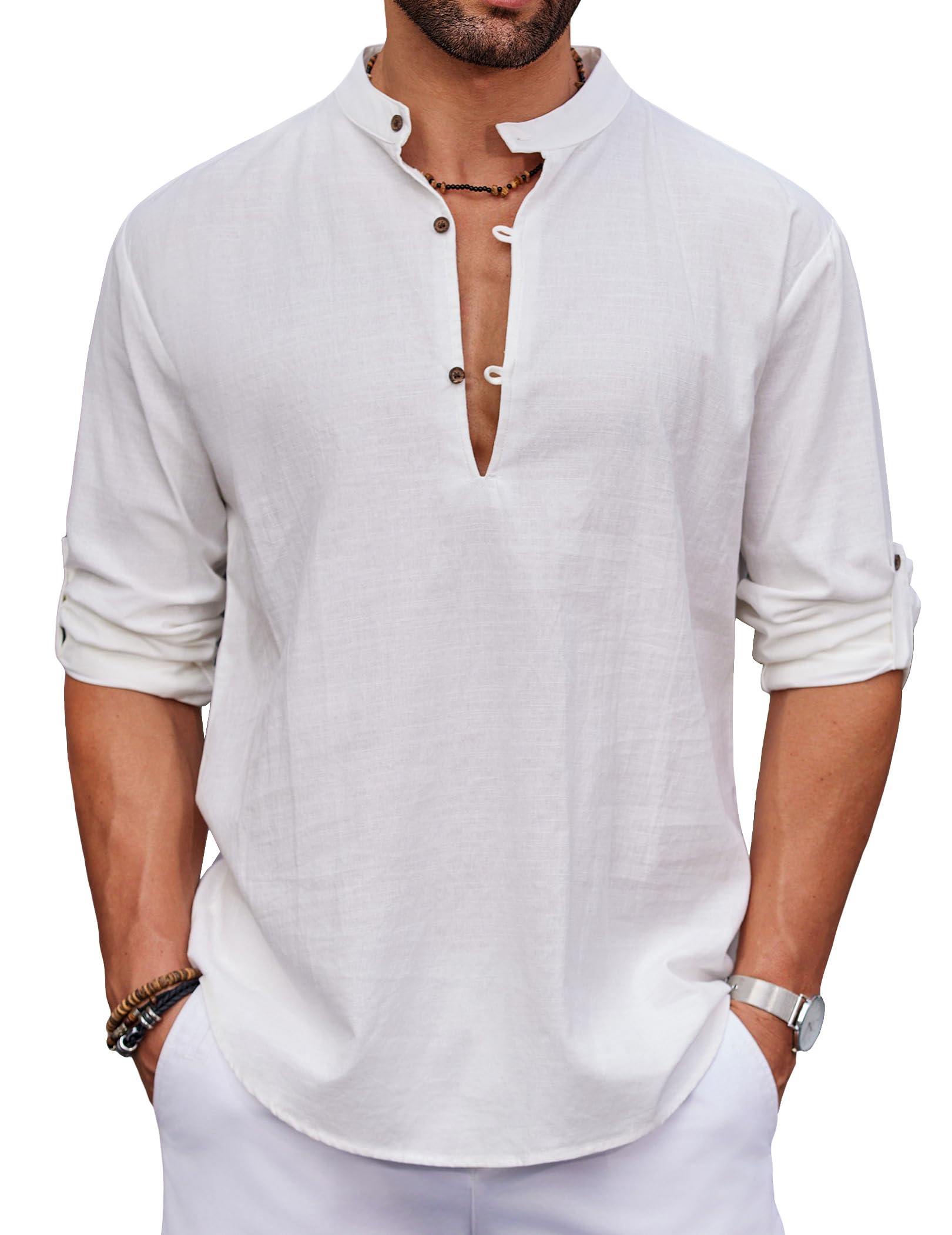 Photo 1 of   **IT IS NOT WHITE, IT IS LIGHT BLUE**COOFANDY Men's White Cotton Linen Shirts Long Sleeve Casual Daily Basic Summer Beach Shirts Hippie Top
