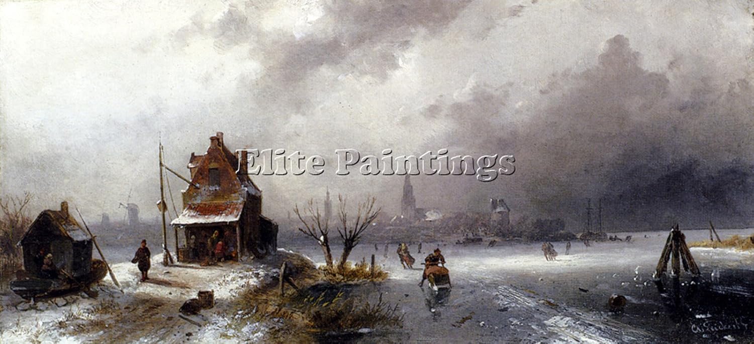 Amazon Com Leickert Charles Henri Joseph Figures Frozen Lake Artist Painting Oil Canvas Art 24x48inch Paintings