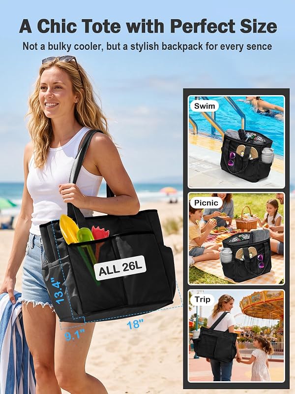 Kühltasche 26L Faltbar, Auslaufsicher Isoliertasche mit Kühlfach & Staufach, 2 in 1 Wasserdicht Picknicktasche mit Mehreren Taschen für Einkauf, Picknick, Arbeit, Strand
