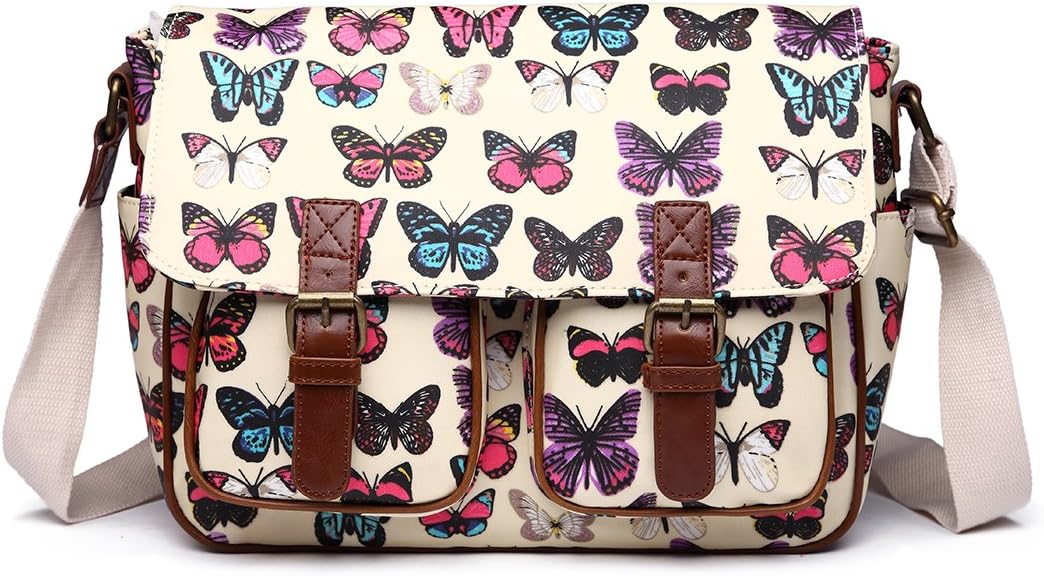 OILCLOTH BUTTERFLY CROSS BODY SATCHEL SHOULDER SCHOOL BAG (BUTTERFLY BEIGE)