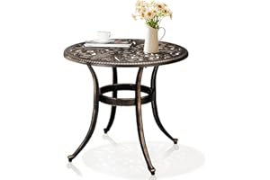 Outvita Patio Side Table, 23.6in Outdoor Round Cast Aluminum Bistro Table with Umbrella Hole and Antique Design for Backyard Porch Pool Balcony Deck Bronze