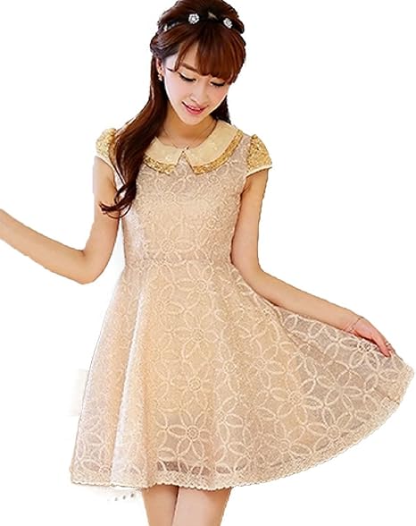 Amazon ベルク Veluc レディース ワンピース 襟付きお花レースワンピース スタイルアップ フェミニン デザイン ミニスカート レディース S M L Xl ｘｌ ベージュ オリジナルメッセージカードセット ワンピース チュニック 通販