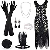 ELECLAND 1920s V Neck Sequin Beaded Fringed Dress with 20s Accessories Set