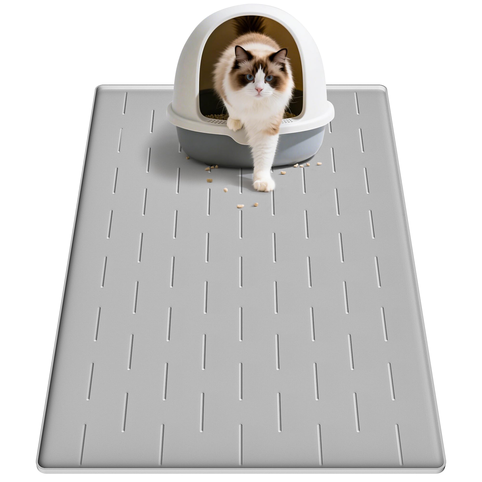 Photo 1 of Pieviev Silicone Cat Litter Trapping Mat, 34''x22'' Large Cat Litter Mat, Easy to Clean & Soft on Kitty Paws, Waterproof Kitty Litter Pads for Indoor Cats, Light Grey