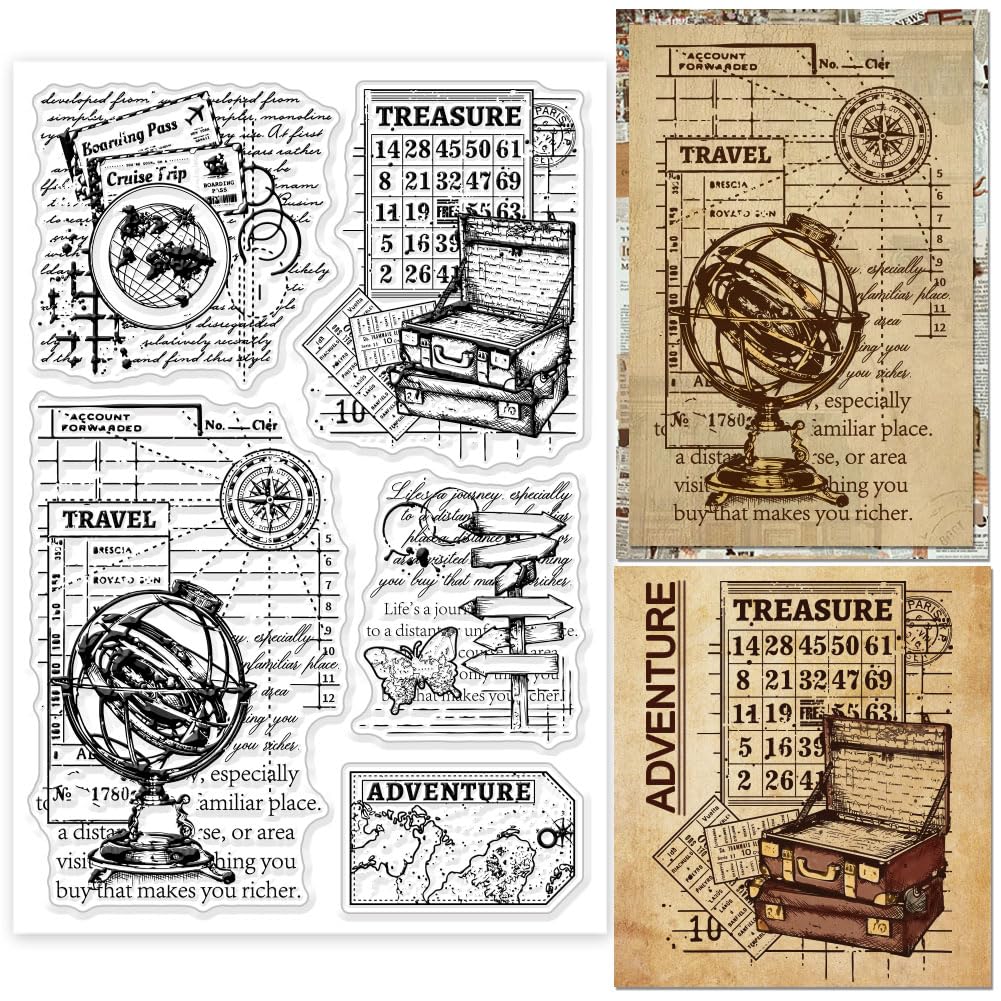 GLOBLELAND Travel Adventure Background Clear Stamps for Crafting Vintage Schedule Background Clear Stamp Seals Transparent Stamps for Cards Making DIY Scrapbooking Photo Album Journal