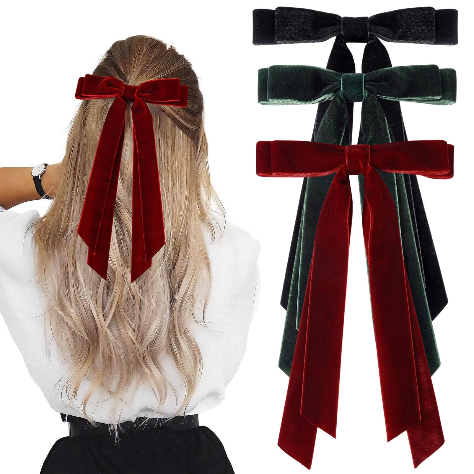DMQ Hair Bows - 3Pcs Black Red Green Velvet Bow Hair Clips for Women, Solid Color Bowknot Hair Barrettes with Long Ribbon, French Bowknot Hair Hairpins Soft Satin Silky Hair Bows Gifts for Girls