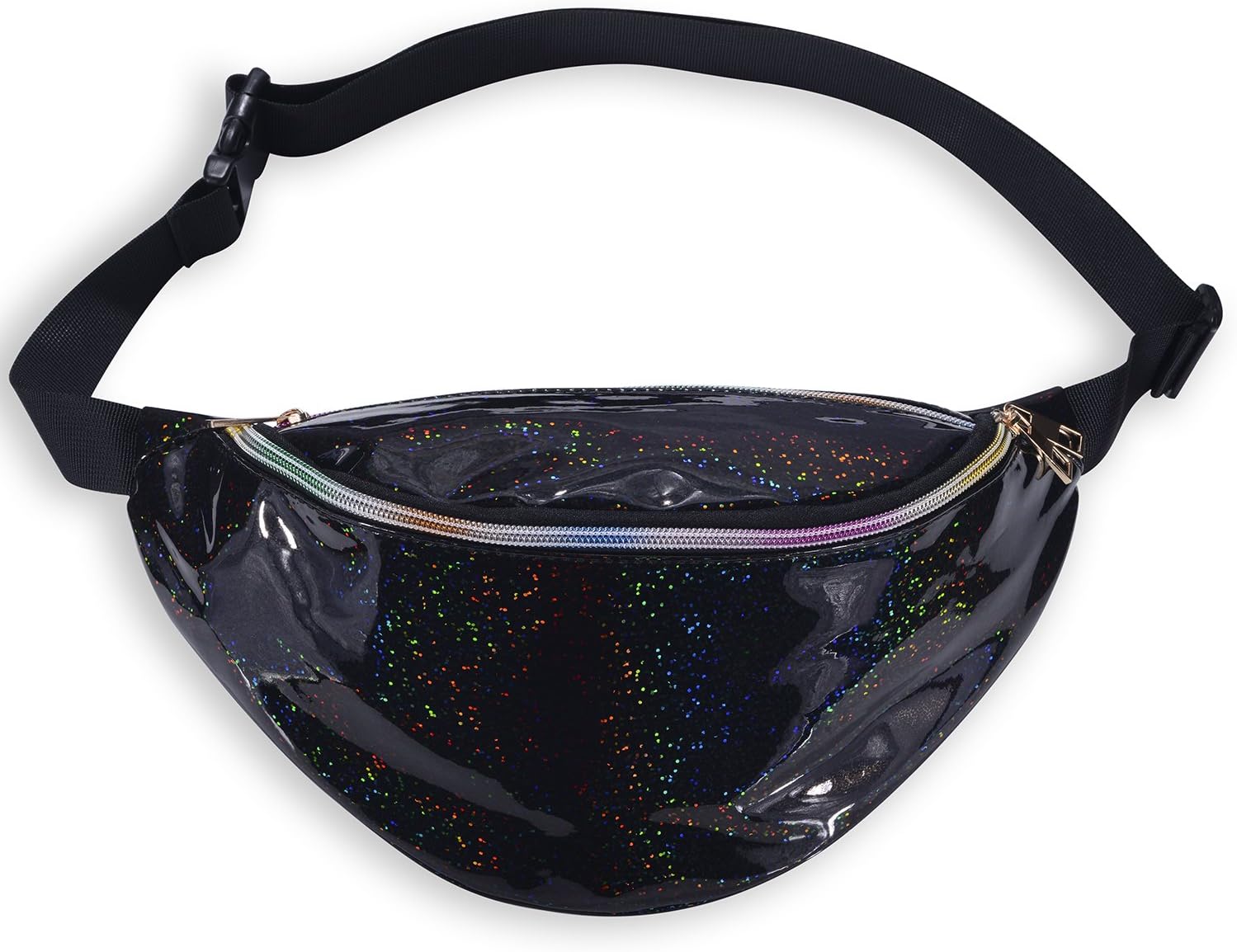 Miracu Neon Holographic Fanny Pack, 80s Cute Fashion Fanny Packs for Women Girls, Shiny Waist Pack Bum Bag for Rave, Festival, Party, Travel (Glitter Black)