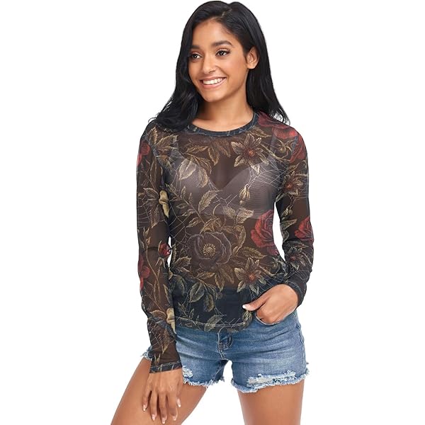 Elegant Flower Gold Line Art Women Mesh Sheer T Shirt, Mesh Tops