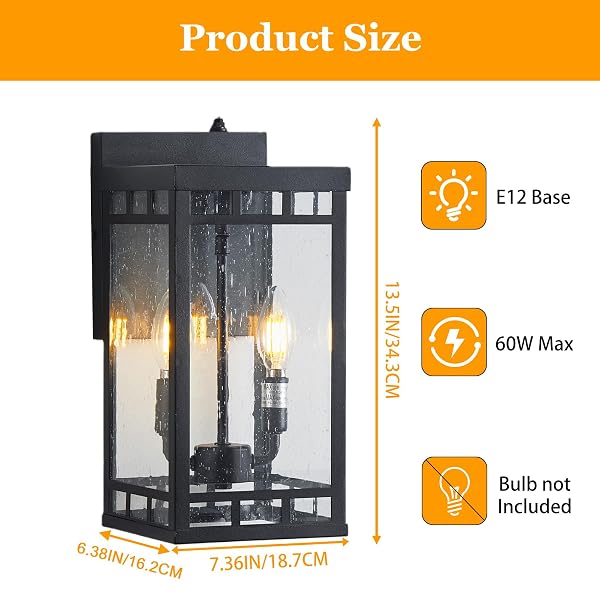 13.5” DUSK TO DAWN SENSOR OUTDOOR WALL LIGHTS – 2-LIGHT LARGE EXTERIOR LIGHTING FIXTURES, WATERPROOF PORCH LIGHTS FOR GARAGE, FRONT DOOR, PATIO & HOUSE, PORCH LIGHT WITH E12 BASE,MATTE BLACK,1 PACK