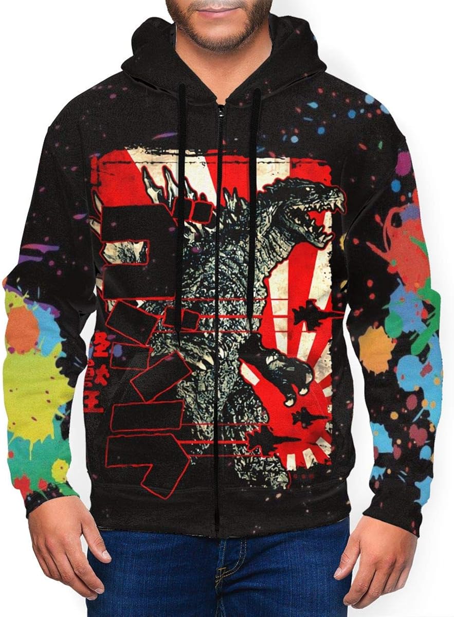 Godzilla Men Hoodies with Hat 3D Zip Pullover Casual Sweatshirt 3X